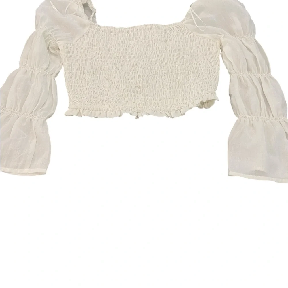 Le Lis cream cropped shirred top with puff long sleeves